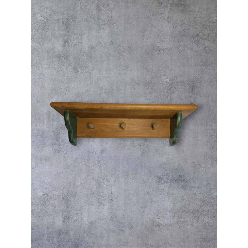Idle Hands Wood Wall Shelf 18 Inch Brown Green 3 Peg Farmhouse Rack